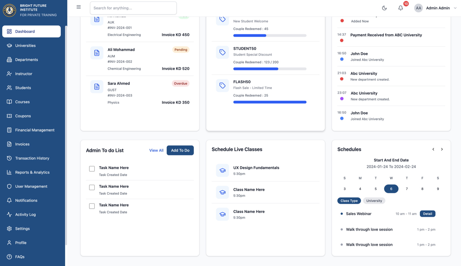 Bright Future admin — schedules and tasks