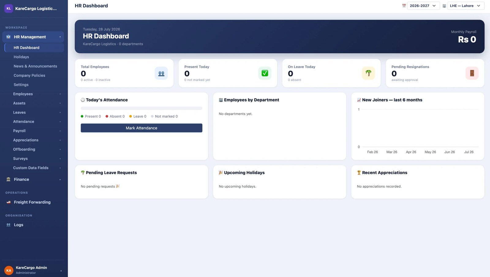 Cargonio HR dashboard — employees, attendance, leave requests, payroll and new joiners