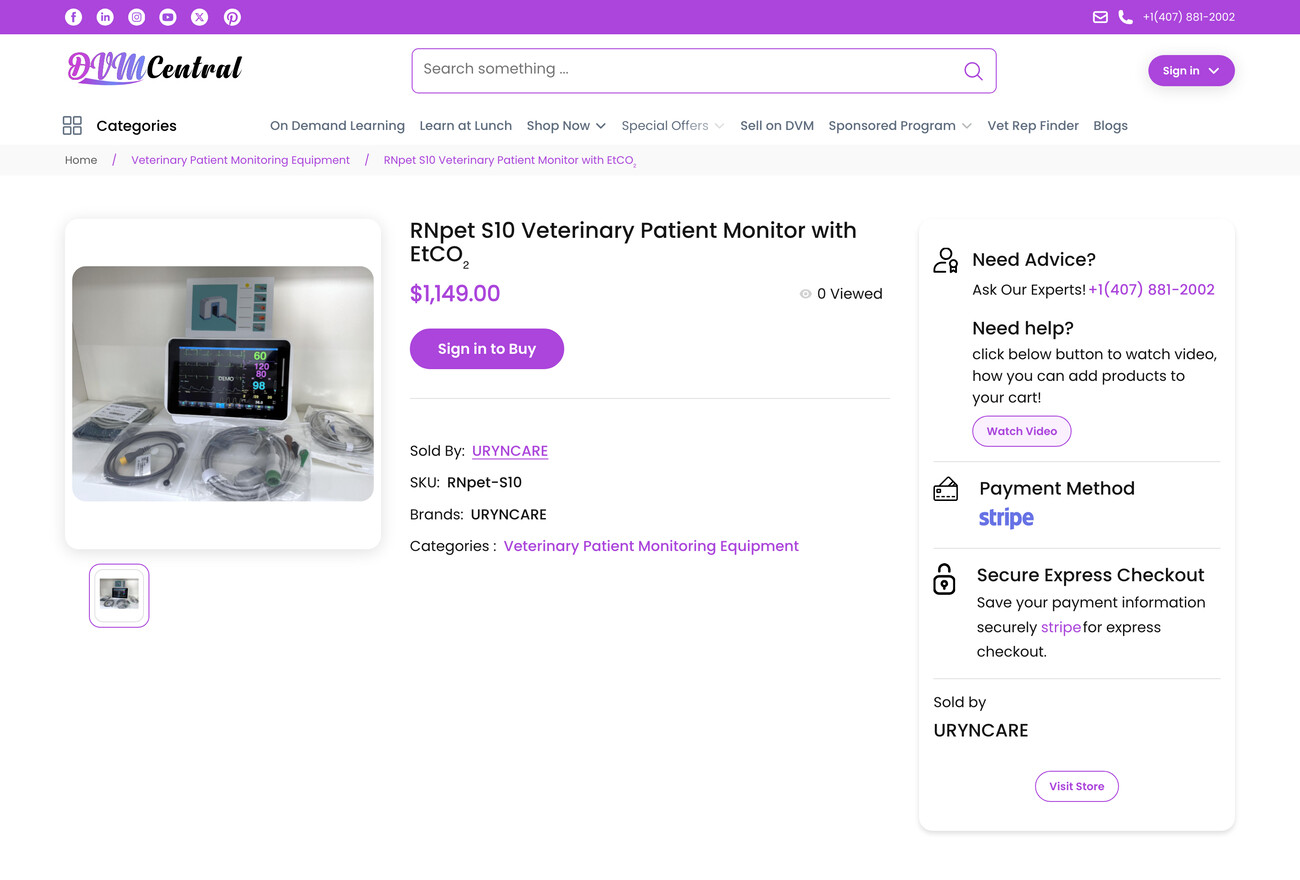 DVM Central product page — pricing, buy action, and Stripe secure checkout