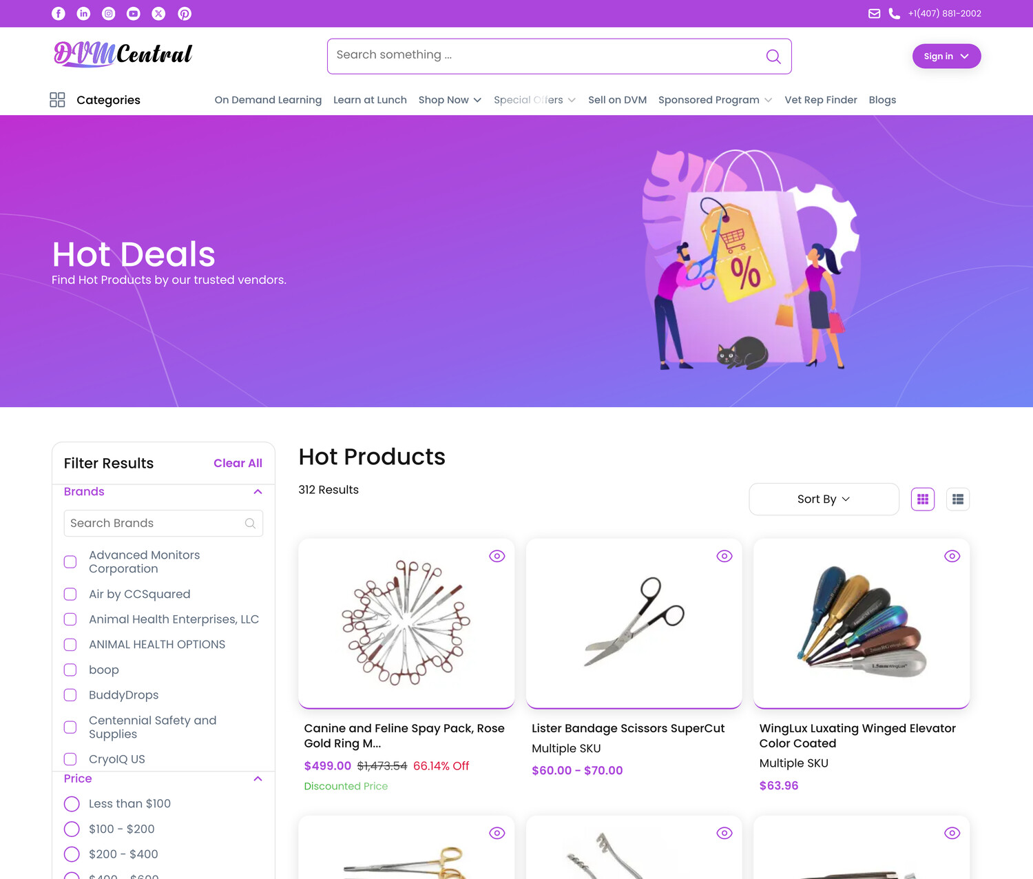 DVM Central storefront — browsing the veterinary product catalogue with brand and price filters